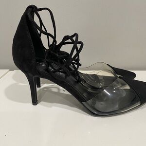 Black suede and clear wrap around leg heels